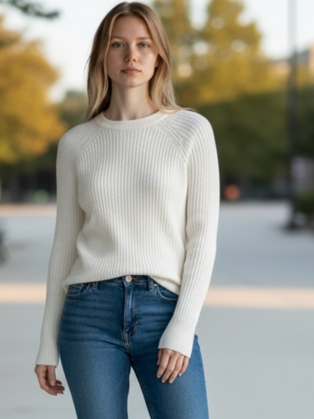 Perry Ellis Cream Ribbed Crew Neck Sweater